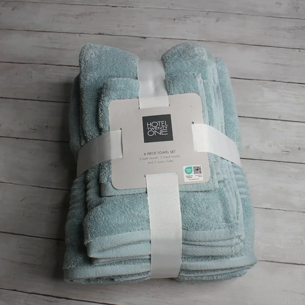 Hotel Bath Towel Set 100% Cotton Aqua Blue Hand Towels Washcloth 6 Piece